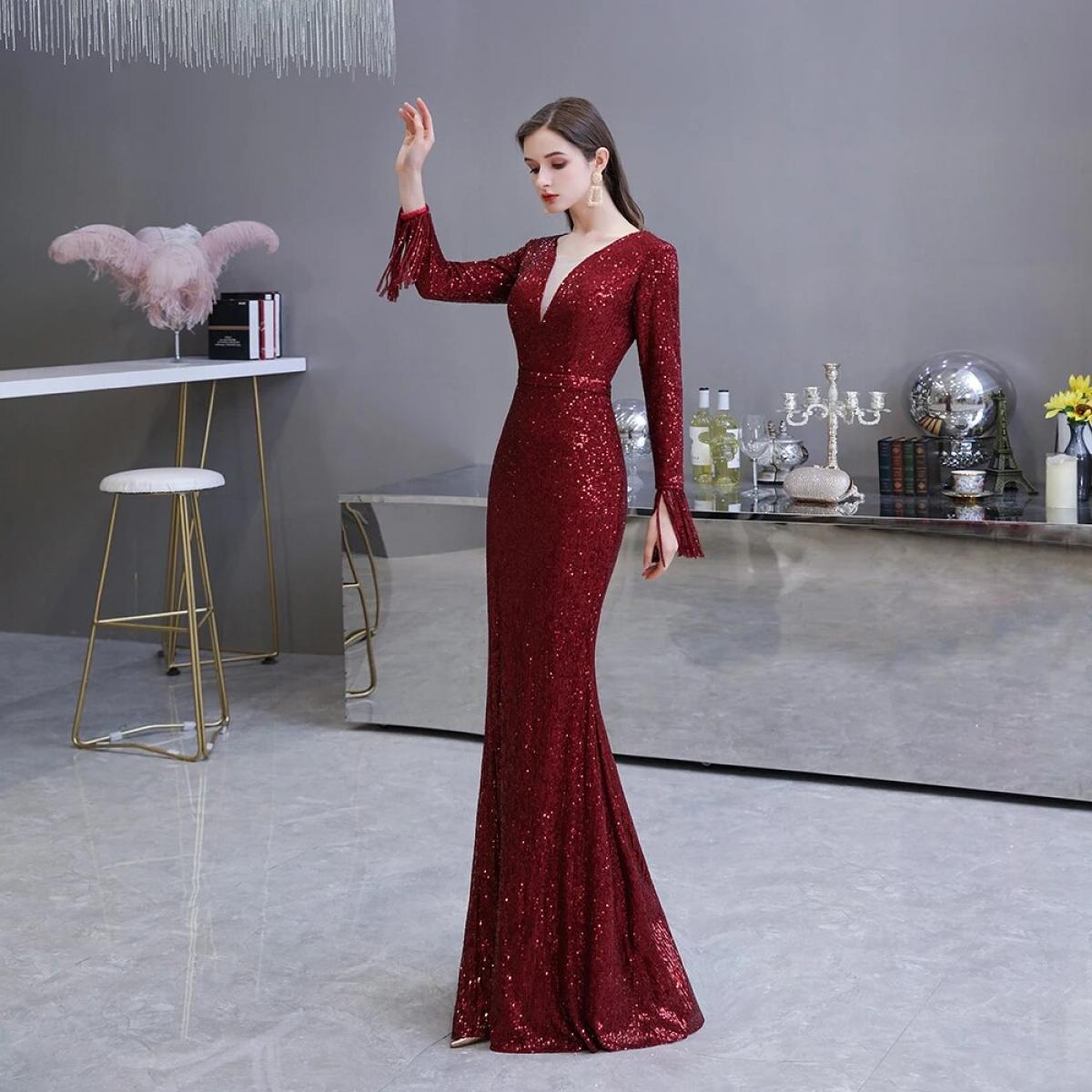 Dark Red Evening Dress  Gorgeous Plunging Vneck Illusion Sequin Pleated Long Sleeve Mermaid Formal Gown Robe De Soiree  