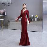 Dark Red Evening Dress  Gorgeous Plunging Vneck Illusion Sequin Pleated Long Sleeve Mermaid Formal Gown Robe De Soiree  