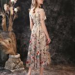 Floral Fancy Tea Length Evening Dresses With Short Sleeves  V Neck Embroidery Flower Prom Gown
