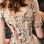 Floral Fancy Tea Length Evening Dresses With Short Sleeves  V Neck Embroidery Flower Prom Gown