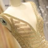 Youxi Mermaid Evening Dress V Neck Gold Crystal Beading Abendkleider Lang Formal Gown Robe De Soiree  Evening Dresses