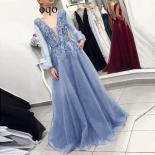 Gorgeous Long Sleeve Evening Dresses For Women 2022  V Neck Backless Tulle Lace Pearls Abendkleider Vestidos De Noche