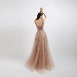 Sparkling Pink Long Evening Dresses V Neck Tulle Crystals Beaded Backless Formal Prom Gown For Women
