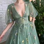 Green Embroidery Lace Evening Dresses Fairy Puff Sleeves A Line Long Wedding Party Gowns Open Back Tulle Prom Gown