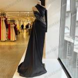 Black Gorgeous Women's Evening Dresses One Shoulder Long Sleeve Mermaid Princess Prom Gowns Satin Pleated Vestidos De No