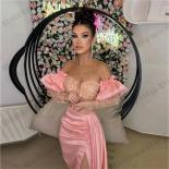 Gorgeous Women's Strapless Prom Dresses Pink  Mermaid High Side Slit Satin Sequined Formal Occasion Gowns Robes De Soir