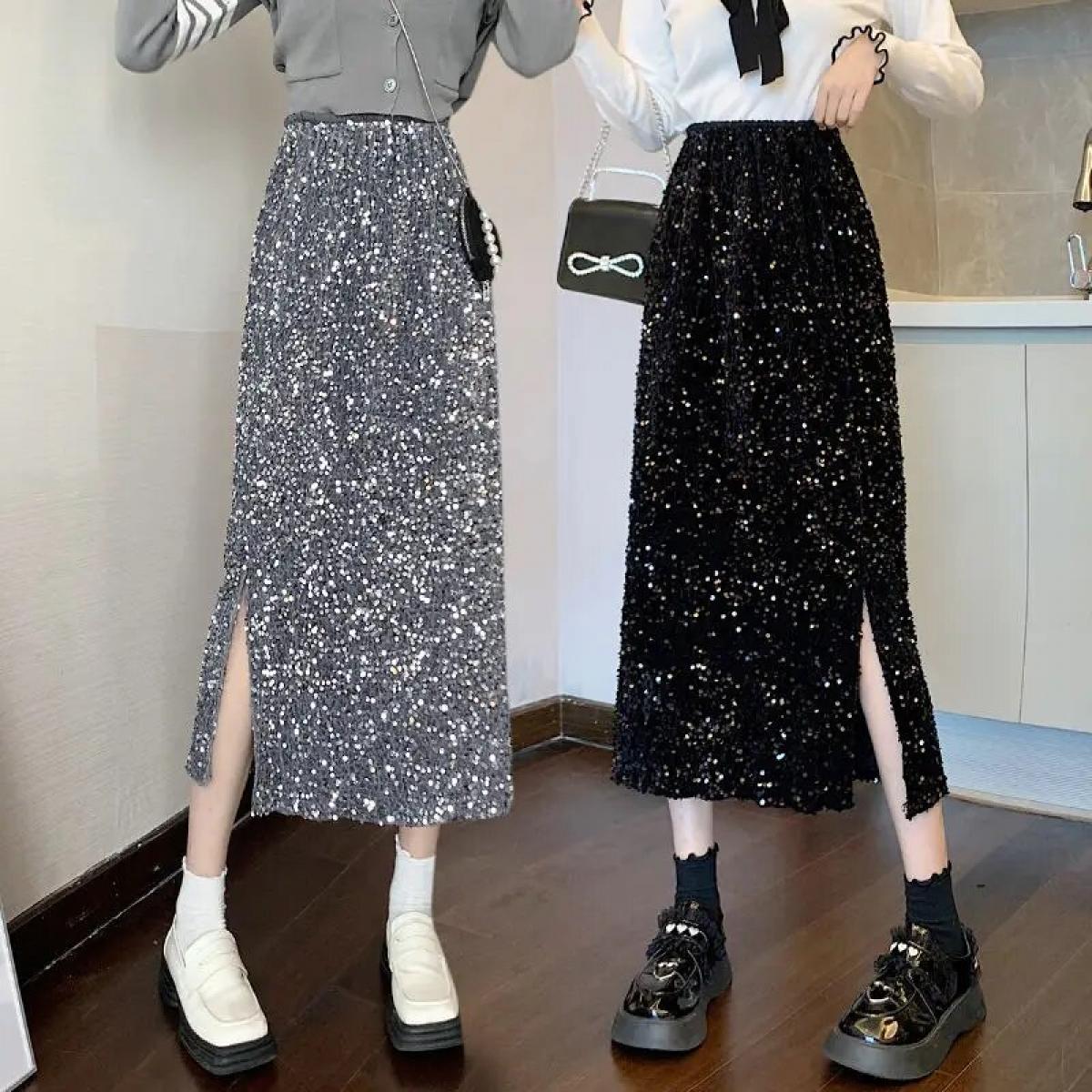 31,97 US$-Falda de lentejuelas plateada y negra para mujer, elegante  vestido de noche Punk Vintage, falda larga de verano con abertura,  fa-Description