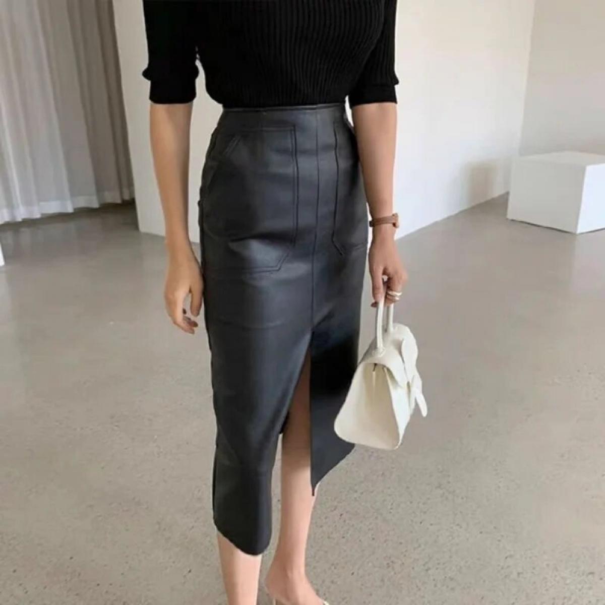 Black Slim Straight Faux Leather Skirts Women Spring New Package Hip Long Pu Jupe Chic Split Design Fashion Solid Mujer 