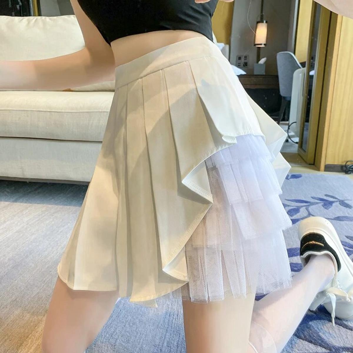  Black White High Waist Pleated Skirt Mesh Bodycon Y2k Faldas Mujer Moda Casual Ruffle Jupe Women's  Tulle Skirt Femme