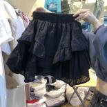  Autumn New Irregular Ruffled Elastic Waist A Line Skirt Faldas Mujer Moda 2023 Sweet Jupe Kawaii Black Skirt Lace Shirt