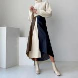 Contrast Color  Style Y2k Faldas Largas Long Skirts Half Mid Length A Line Leather Skirt Patchwork Harajuku Midi Skirt