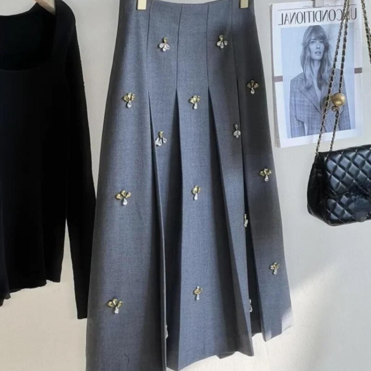 Grey Elegant Crystal Pleated Skirts Women Spring Autumn Winter 2023 New Leisure Solid Color High Waist A Line Loose Dres