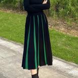 Winter Knitted High Waist Green Contrast Mid Length Pleated Skirt Long Dress  Style Faldas Mujer Faldas Largas Skirts