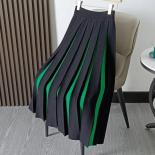 Winter Knitted High Waist Green Contrast Mid Length Pleated Skirt Long Dress  Style Faldas Mujer Faldas Largas Skirts