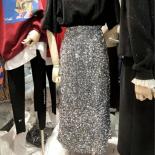 Skirts Women Autumn High Waist Midi Sequined Elegant  Fashion Back Slit A Line Loose Casual Simple All Match Faldas Larg