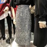 Skirts Women Autumn High Waist Midi Sequined Elegant  Fashion Back Slit A Line Loose Casual Simple All Match Faldas Larg