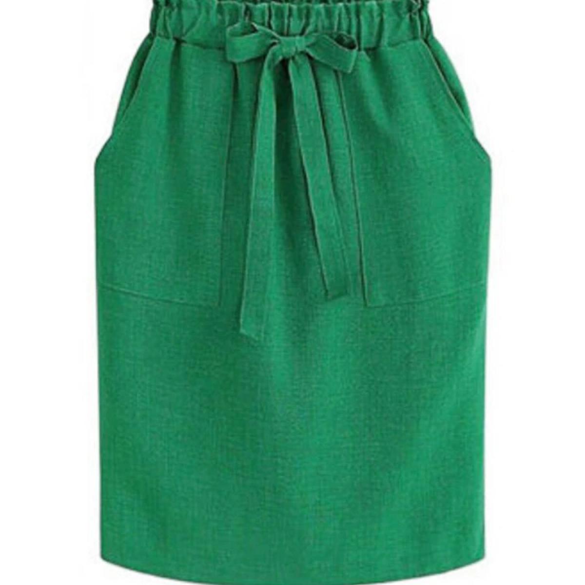Summer Autumn Elegant Midi Skirts Womens Office Pencil Skirt Cotton Elastic Waist Package Hip Skirt Bow Skirt Green  Ski