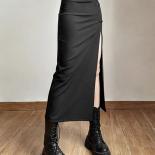 Black  Split Simple Casual All Match Hot Street Outing Cool Mature Vitality Personality Trend Basic Women's Skirt
