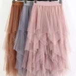 Women Irregular Tulle Skirts Fashion Elastic High Waist Mesh Tutu Skirt Pleated Long Skirts Midi Skirt Saias Faldas Jupe