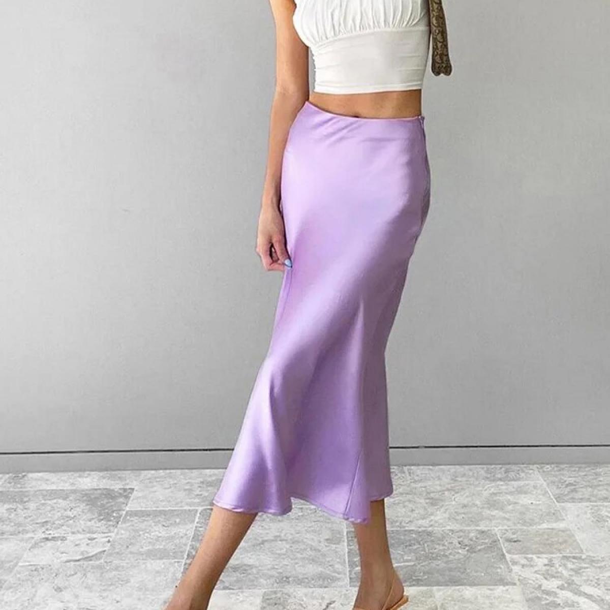 Solid Purple Satin Silk Skirt Women High Waisted Summer Long Skirt New 2023 Elegant Ladies Office Skirts Midi Spring