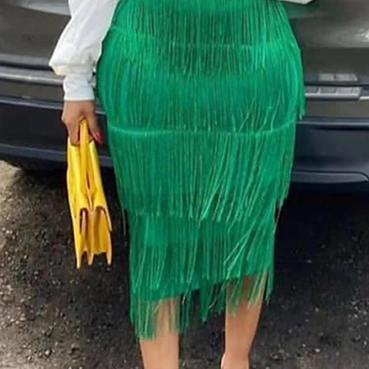 Green Fringe Bodycon Pencil Skirts Tassel High Waist Women Stretch Sheath Midi Length Ladies Slim Jupe Saias Faldas