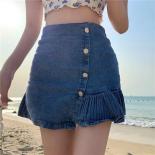 Xpqbb Summer Blue Denim Pleated Skirts Women 2022  High Waisted Mini Skirt Woman High Street Button Decoration Jeans Ski