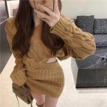 Xpqbb Twist Knitting Sweater And Skirts Women Sets Loose Long Sleeve Hooded Cropped Jumper Lady  Slim High Waist Mini Sk