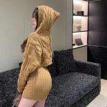 Xpqbb Twist Knitting Sweater And Skirts Women Sets Loose Long Sleeve Hooded Cropped Jumper Lady  Slim High Waist Mini Sk