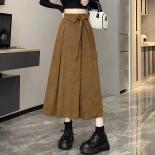 Xpqbb Vintage Lace Up Corduroy Skirts Women Autumn Winter Slimming High Waist Pleated Skirt Woman  Pockets A Line Skirts