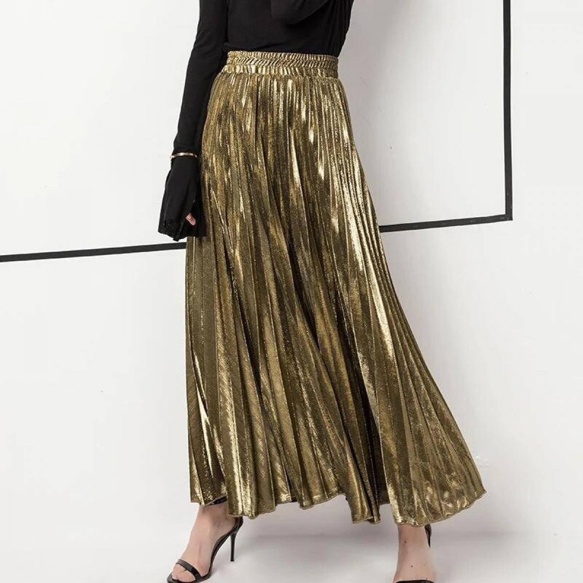 Long Skirt Pleated Gold Color  Pleated Midi Skirts Silver  Pleated Skirt Gold Silver  Skirts  