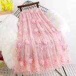Xpqbb Elegant Appliques Floral Long Skirts Women 2022 Summer High Waist Embroidery Tulle Skirts Woman Pleated Pink Skirt
