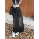 Black Vintage High Waist Denim Skirts Women Autumn Winter Streetwear Long Straight Skirt Woman  Split Pockets Midi Skirt