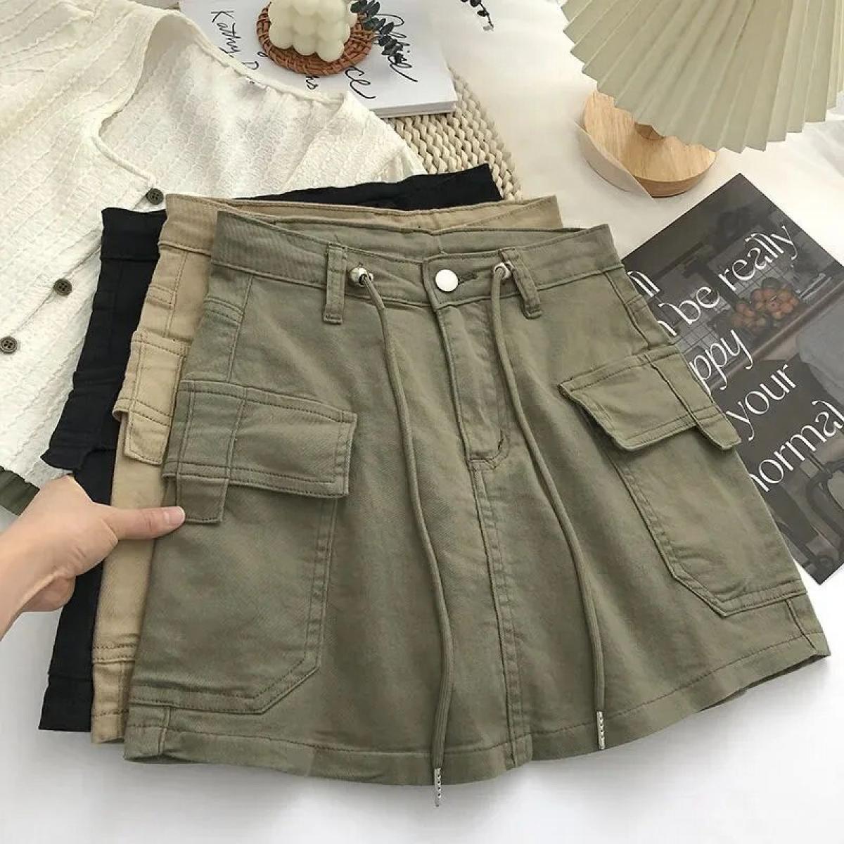 US 29.80 Army Green Short Cargo Skirt Women Drawstring High Waist Mini Skirts Female Streetwear Big Pocket Aline Skirts De Mu Description