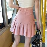 Xpqbb Pink Cargo Denim Skirt Women  Fashion High Waisted Big Pockets Mini Skirts De Mujer College Style Wild Pleated Ski