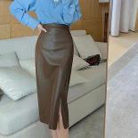 Xpqbb Elegant Coffee Pu Long Skirts Women , Temperament High Waist Leather Skirt Woman Fashion Split Office Midi Skirts