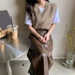 Xpqbb Elegant Coffee Pu Long Skirts Women , Temperament High Waist Leather Skirt Woman Fashion Split Office Midi Skirts