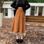 Xpqbb Khaki Corduroy Long Skirt For Women Vintage Streetwear Chic Tassels A Line Skirts Female Autumn Winter High Waist 