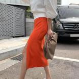 Orange Knitted Skirts Women Elastic Waist Split Pencil Skirt  Casual Bodycorn Long Midi Skirt Sweet Vintage Elegant