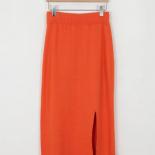 Orange Knitted Skirts Women Elastic Waist Split Pencil Skirt  Casual Bodycorn Long Midi Skirt Sweet Vintage Elegant
