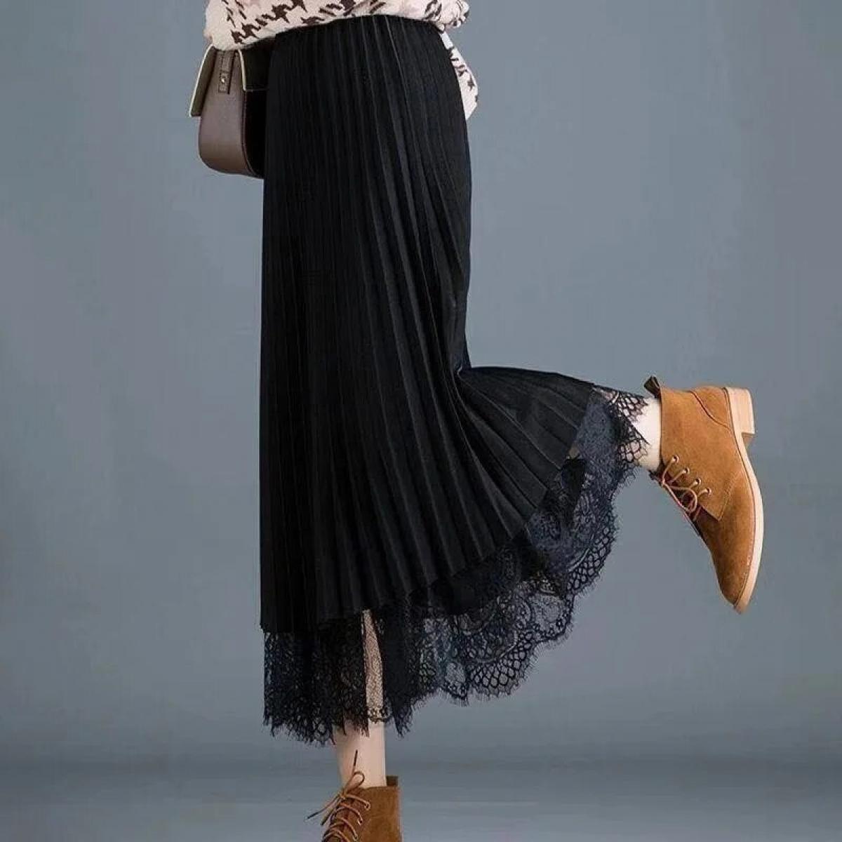 Faldas plisadas de encaje Falda plisada de encaje de longitud media para mujer Falda plisada de encaje plisado