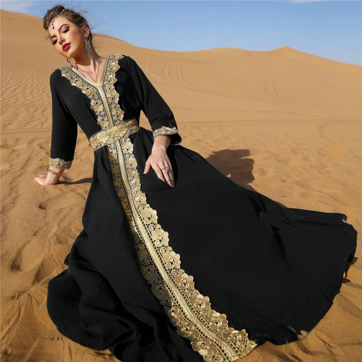 Vestidos para mujeres musulmanas encaje bordado cuello pico manga larga fiesta Maxi vestido con cinturón elegante caftán marroqu