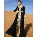 שמלות לנשים מוסלמיות רקמת תחרה V צווארון ארוך שמלת מקסי למסיבה עם חגורה שמלת קפטן מרוקאית אלגנטית טור