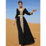Vestidos para mujeres musulmanas encaje bordado cuello pico manga larga fiesta Maxi vestido con cinturón elegante caftán marroqu