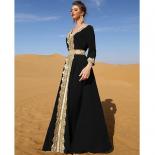Dresses For Muslim Women Lace Embroidery V Neck Long Sleeve Party Maxi Dress With Belt Elegant Moroccan Kaftan Dress Tur