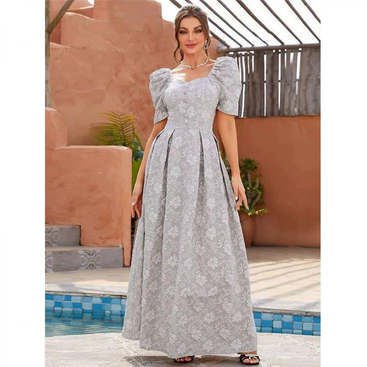 Elegant Floral Square Neck Floral A Line Skirts Short Puff Sleeve Summer Maxi Dress High Waist Women Long Dresses Muslim