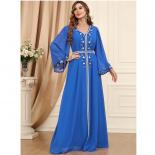 Abaya Emberoidery Maxi Dresses Ladies V Neck Long Sleeve Belted Kaftan Turkish Dresses For Women Jilbab 2023 Autumn Abay