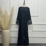 Fashion Muslim Maxi Dress Women Solid Sundress Islamic Clothing Lace Embroidery Sleeve Turkish Vestidos Oversized Robe R