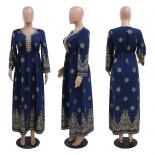 Muslim Dresses 2023 Vintage Gold Stamping Dress Embroidery V Neck Long Sleeve Casual Loose Abaya Saudi Arabia For Women 