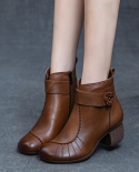 Autumn And Winter New Women's Leather Boots With Thick Heels, Soft Soles, Washed Top Layer, Soft Cowhide, Color-brushed 
