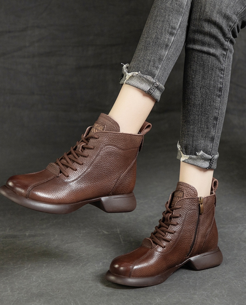 New Autumn And Winter Women's Leather Boots Thick Heel Soft Sole Top Layer Soft Cowhide Lace-up Short Boots Color Polish